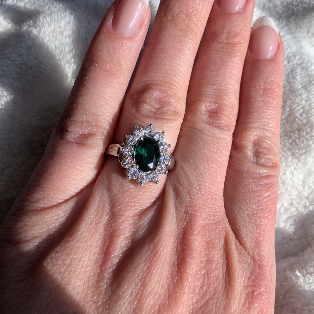 Emerald Green Oval Halo Ring | White Gold Tone | CZ  Halo Statement Ring |